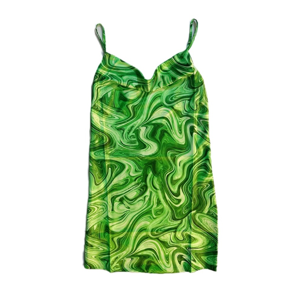 NWOT Green Swirl Marble Cowl Neck Satin Mini Dress w/ Adjustable Straps - XS